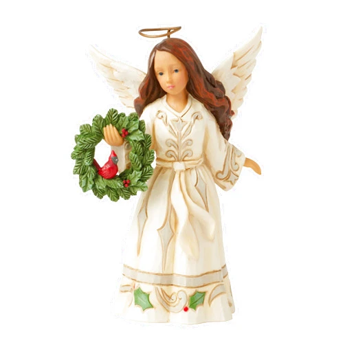 Enesco Jim Shore Heartwood Creek White Woodland Angel Holding a Cardinal Wreath Figurine, 5.31 Inch, Multicolor