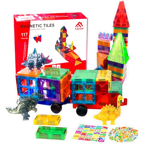 Fubullish Magnetic Tiles, 117 PCS Building Blocks STEM Magnet Toys for Kids, Preschool Learning Sensory Montessori Toys with 3 Dinosaurs, 2 Cars, ABC Alphabet and 50 Dinosaur Stickers