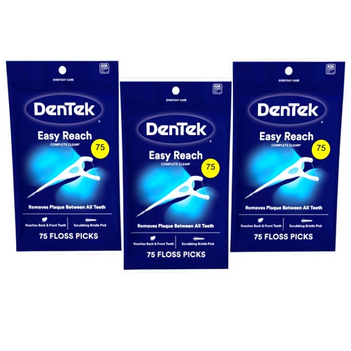 DenTek Complete Clean Easy Reach Floss Picks, No Break & No Shred Floss, 75-Count, 3 Pack