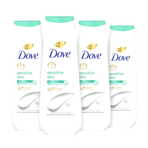 Dove Body Wash Sensitive Skin 4 Count Hypoallergenic, Paraben-Free, Sulfate-Free, Cruelty-Free, Moisturizing Skin Cleanser Effectively Washes Away Bacteria While Nourishing Skin 20 oz