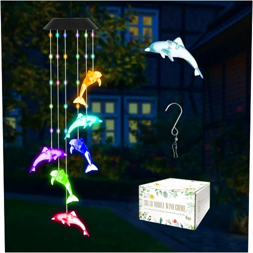 Roying Solar Dolphin Wind Chimes-Hanging Solar Lights for Outside,Color Changing Lights for Indoor and Outdoor Decor,Gift for Mom,Dad,Grandma,Friends and Birthday