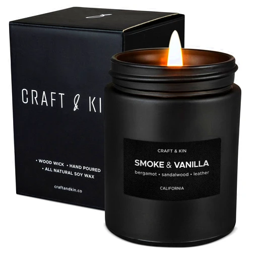 Craft & Kin Smoke & Vanilla Candle | Scented Candle for Men | Masculine Candle | Soy Candle | Scented Candle for Home Scented | Black Candles | Long Lasting Candles with 45 Hour Burn Time 7.6oz