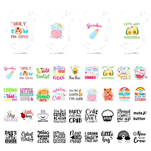 Teling 36 Pcs Iron on Decals Baby Shower Games Iron on Transfers Stickers Patches Baby Bodysuit Making Bibs Decorating Kit Funny Patch Maker for Gender Reveal T Shirt (Cute)