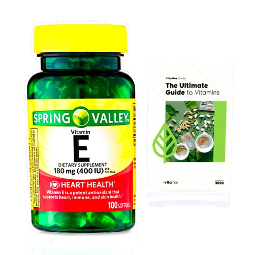 Generic Spring Valley Vitamin E Heart Health Dietary Supplement Softgels, 180 mg (400 IU), 100 Count + Exclusive VitaMax Vitamin Guide (2 Items)