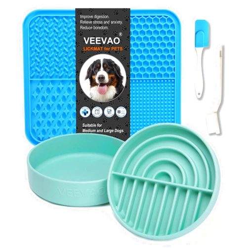 VEEVAO XL Food-Grade Silicone Dog Lick Mat and Slow Feeder Bowl Set with Suction Cups, Anxiety Reliever and Boredom Breaker for Large Dogs, includes Spill-Proof Water Bowl