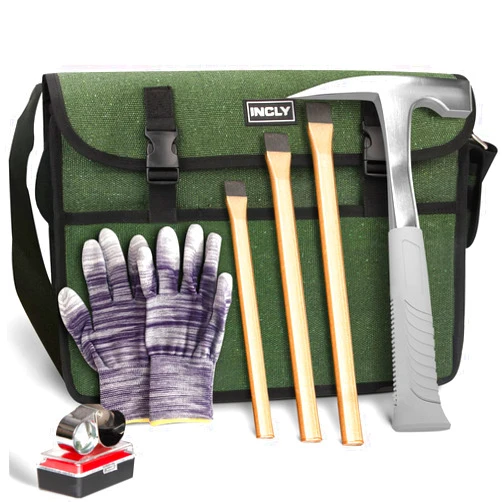 INCLY 7 PCS Geology Rock Pick Hammer Kit, with 22oz Hammer and 3 PCS Digging Chisels Set for Rock Hounding, Gold Mining & Prospecting Equipment Tool with Musette Bag, jewelers loupe, Gloves
