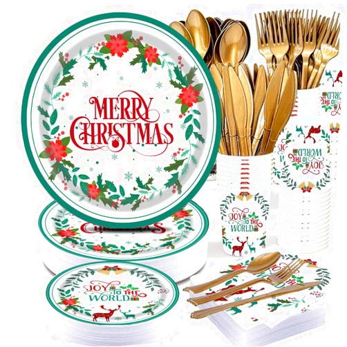 PAMMYAN Merry Christmas Paper Plate - 177pcs Xmas Poinsettia Flower Disposable Dinner Plates Reindeer bell Dessert Plates and Napkins for Christmas Holiday Party Supply Tableware Set Serve 25