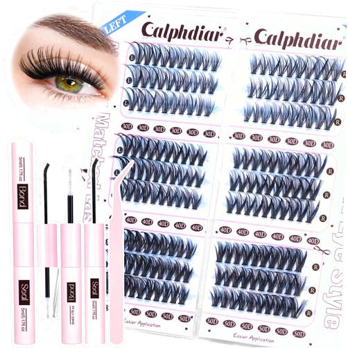 Calphdiar Wispy Lash Clusters Kit 30D 40D 50D Cluster Eyelash Extensions Cat Eye Lash Extension Kit D Curl Eyelash Clusters Kit 8-18mm Individual Lashes Kit Lash Bond and Seal Lash Tweezers for Lash Extensions
