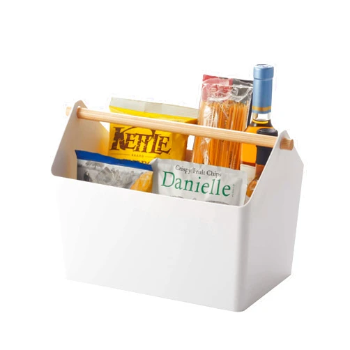 Yamazaki Home Storage Organizer/Cleaning Caddy/Storage Basket with Handle Plastic + Wood One Size White