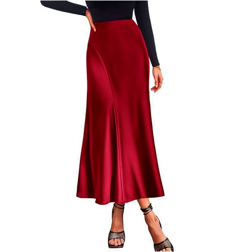 KIRUNDO Women's Satin Elastic High Waisted Maxi Skirt 2024 Trendy Summer Fall Silky A-Line Casual Formal Work Skirts