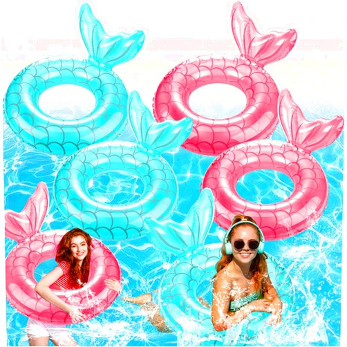 Junkin 6 Pcs Mermaid Tail Pool Floaties Inflatable Swim Float Mermaid Pool Ring 23.6 Inch Inflatable Ring Floatie Summer Beach Pool Float Tube for Adult Outdoor Water Beach Pool Party Supplies