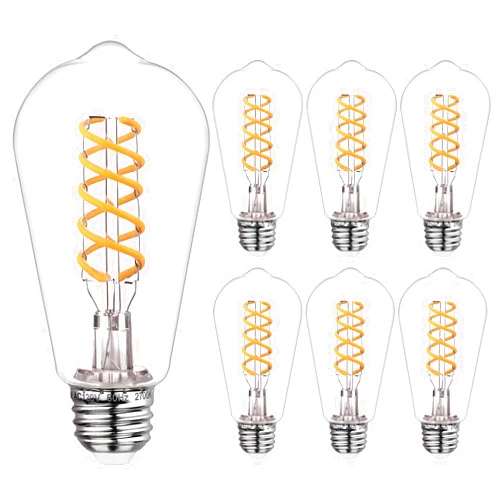 Austin Coast 6 PCS Dimmable Vintage LED Edison Bulbs, 6W Equivalent 60 Watt, Warm White 2700K, Antique Flexible Spiral LED Filament Light Bulb, ST58 (ST19), 600 Lumens, E26 Base, Clear Plastic