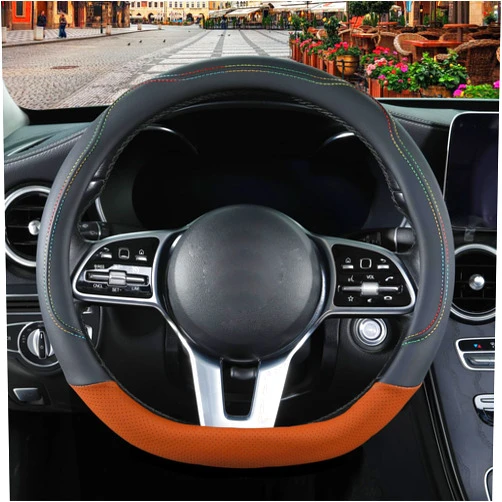 Binsheo Nappa Leather D Shaped Steering Wheel Cover, Non-Slip Breathable Advanced Microfiber Leather, Cute Colorful Stitches, Universal 15 inch, Black with Brown