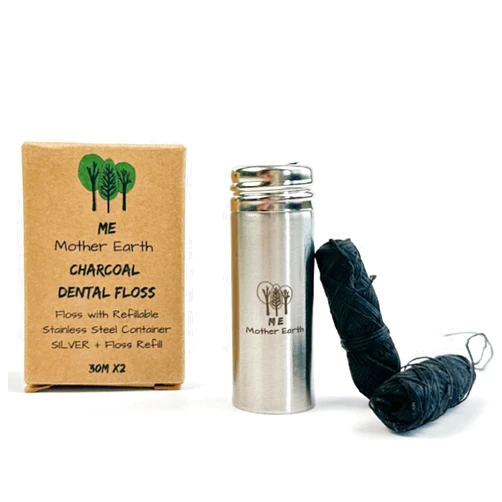 ME MOTHER EARTH Vegan Biodegradable Bamboo Charcoal Dental Floss with Refillable Stainless Steel Container | 33yds x2 | Extra Floss Refill | Natural Candelilla Wax | Peppermint | Eco Zero Waste Oral Care