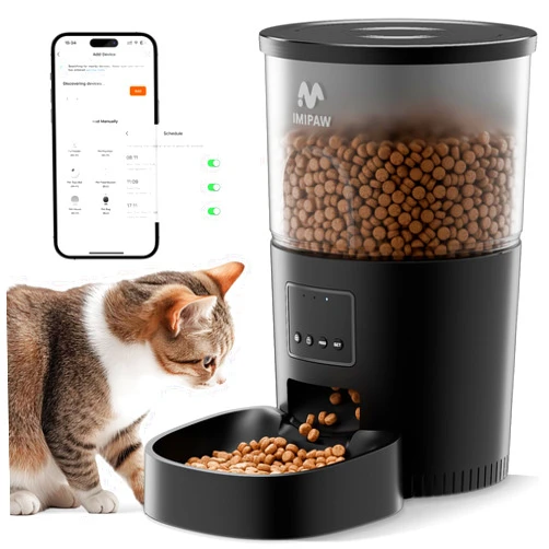 IMIPAW Automatic Cat Food Dispenser, WiFi Cat Feeder with APP Remote Control for Dry Pet Food, Programmable Timer, Dual Power Supply, Slow Feeder for Cats & Small Dogs, Black