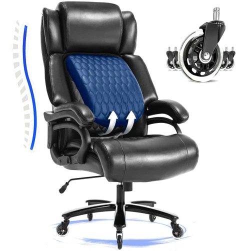 Blue Whale 500lbs Big and Tall Office Chair Click2 Lumbar Support Ergonomic Executive Chair for Heavy People Wide Seat Home Office Desk Chair Quiet Rubber Wheels Heavy Duty Metal Base Leather Computer Chair
