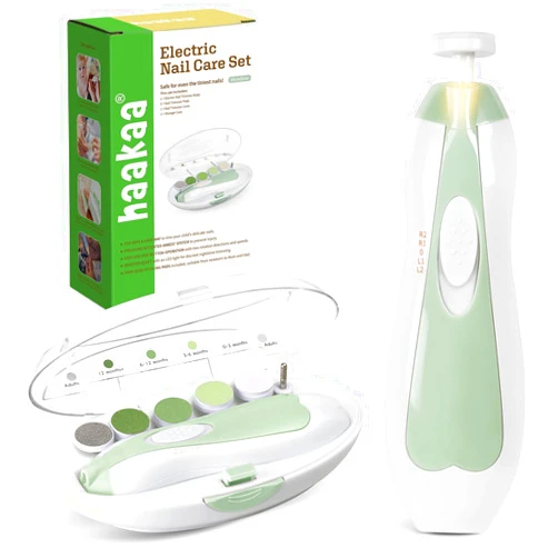 haakaa Baby Nail File Electric Baby Nail Care Set with LED Light, Baby Nail Clippers for Newborn/Infants/Adults Toenails and Fingernails, 6 Replacement Heads & Storage Case, Green
