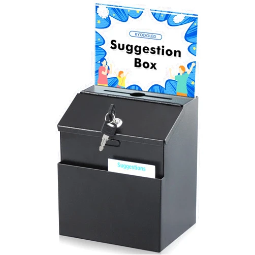 KYODOLED Suggestion Box with Lock and Slot, Metal Wall Mounted Donation Key Drop Box, Ballot Box with Clear Acrylic Sign Holder and 50 Free Suggestion Cards & 2 Keys, 8.5H x 5.9W x 7.3L Inch, Black