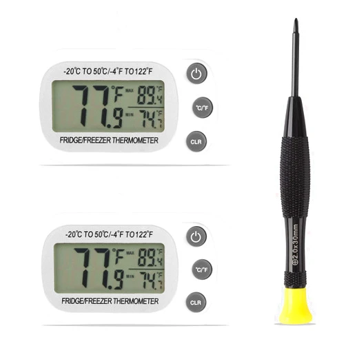 Serundo Auto Refrigerator Thermometer Waterproof Fridge Thermometer Digital Freezer Thermometer Large LCD Screen Thermometer for Refrigerator Cooler Thermometer with Stand and Magnetic Back 2pck with Screwdriver