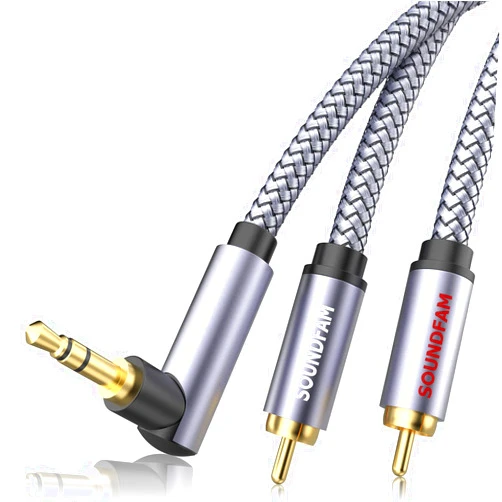 SOUNDFAM RCA to 3.5mm Cable 3ft/1M, 90 Degree 3.5mm Male to 2RCA Male Stereo Y Splitter Adapter Right Angle Aux to RCA Cable for Smartphones, MP3, Tablets, Speakers,HDTV-Grey