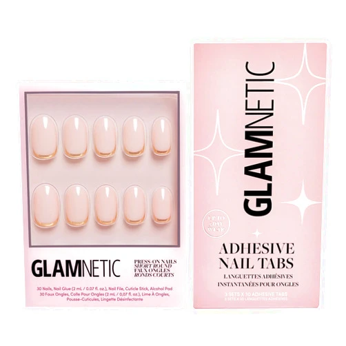 Glamnetic Press-On Nails & Adhesive Nail Tabs - Goal Digger | Glossy, Semi-Transparent, Short Round Nails with Gold Foil, Reusable | 12 Sizes - 30 Nail Kit