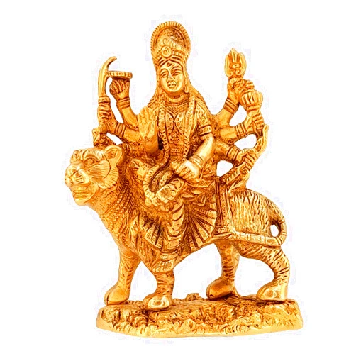 Kartique Brass Maa Durga Idol Sitting On Lion Ma Sherwali Murti Devi Statue for Home Mandir Office Living Room Shop Gift Navratra Puja Gold Color Height 5.5 Inch