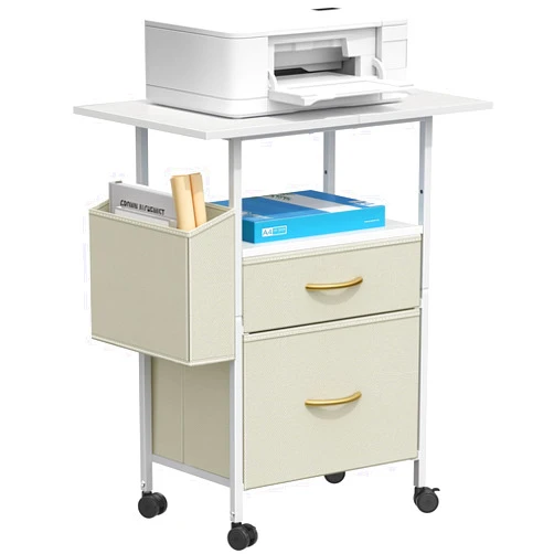 Zvivofla Mobile File Cabinet with 24'' Wide Desktop, 2 Fabric Drawer Filing Cabinet with Side Bag, Rolling Storage Organizer for Home Office, Vertical Printer Stand, Fits A4/Letter Size (White)