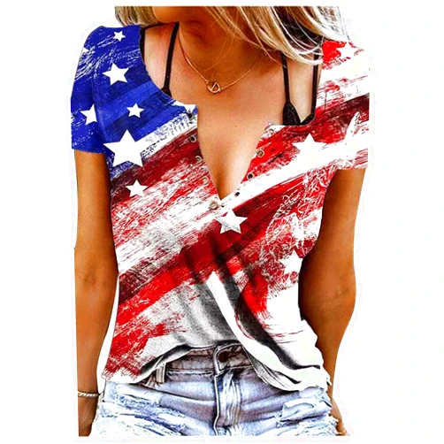 CHUNTIANRAN American Flag V Neck T Shirts for Women Loose Fit Casual Short Sleeve Ring Hole Tee Shirt 4th of July Patriotic T-Shirt