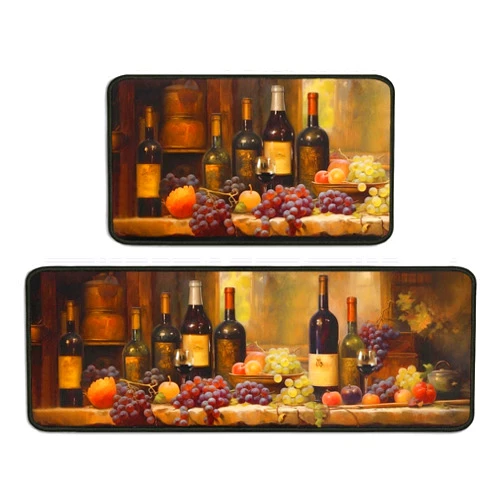 Dcohluk 3D Wine Kitchen Rugs Decor 2 Pieces Set Wine Kitchen Mat Washable Runner Rug 17