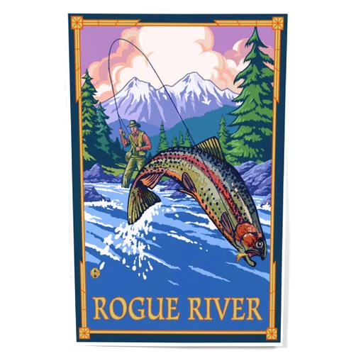 Lantern Press 12x18 Inch Art Print Wall Decor, Rogue River, Oregon, Fly Fisherman and Fish Jumping