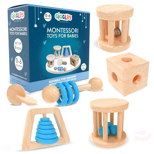 Giggles Montessori (6 Pack) Babies 0-6 Months, Wooden Baby Toy Rattle, Teether, Teethers, Teething for Babies, Natural Wood, Baby Toys, Infant Circle Rattle, Rattles, Baby Wooden Toys 6-12 (Blue)