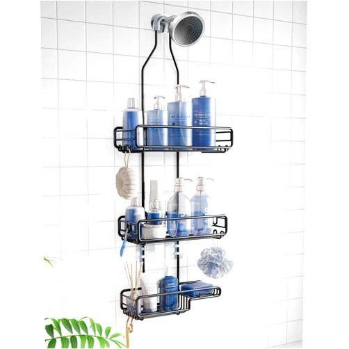 Skyapex Shower Caddy Hanging Bathroom Organizer: Over Head Adjustable Rack for Tall Showerhead - Extra Large Storage Shelf for Big Shampoo Bottles with Soap Holder