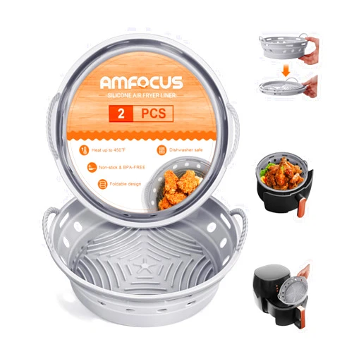 AMFOCUS Air Fryer Silicone Liners Pot - 2 Pack Round Air Fryer Basket, Reusable Airfryer Liner Baking Tray, Replacement of Flammable Parchment Paper, Food Grade Oven Accessories for 5 to 8 QT, 8.5 Inch