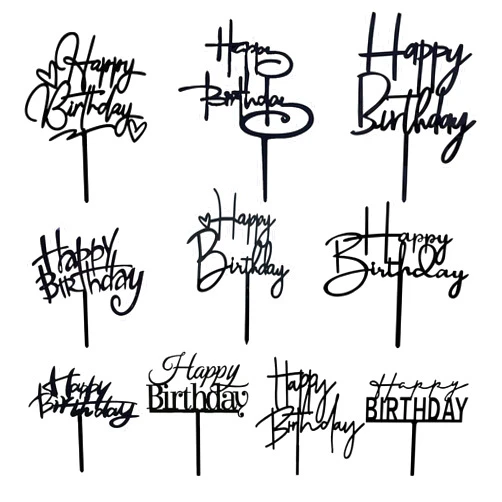 RASSLISA 10 PCS Black Happy Birthday Cake Topper Acrylic Cupcake Topper A Series of Birthday Cake Supplies Decorations
