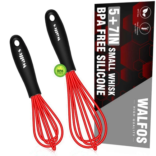Walfos Mini Whisk Red Small whisk-Non Scatch Rubber Coated Whisk,small silicone whisk 5 & 7 inch Tiny Whisk,Nice for mixing and stirring small batches of powder and sauce in small bowl containers.2pcs