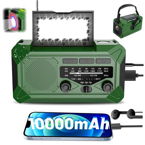 Veubew 10000mAh Emergency Hand Crank Radio with LED Flashlight, AM/FM NOAA Portable Weather Alert Radio, Solar Powered Radio with Phone Charger, USB Charged, Headphone Jack, SOS Alarm, Compass (Green)