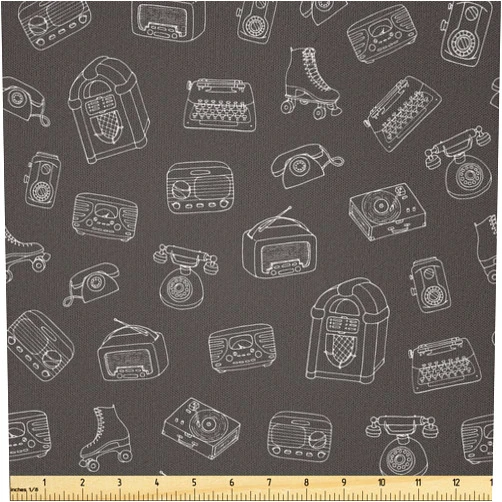 Lunarable Typewriter Fabric by The Yard, Chalky Old Tech Juke Box Radio Roller Skates and Vinyl Record Player, Microfiber Fabric for Arts and Crafts Textiles & Decor, Charcoal Grey White