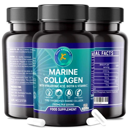 Keka Naturals Hydrolysed Marine Collagen Peptides 2300mg - Enhanced with Hyaluronic Acid & Vitamin C - High Strength Collagen Supplements for Women and Men - 120 Capsules