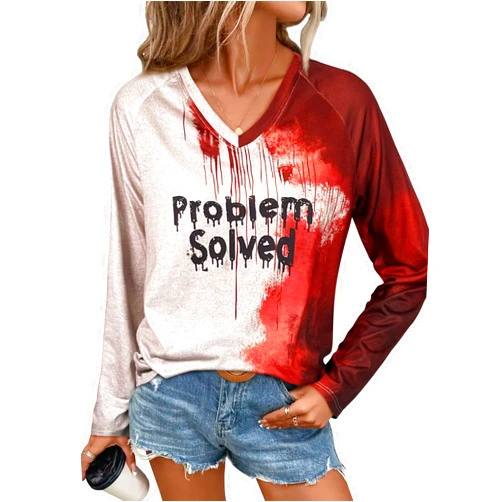 HuangMingYi Halloween Shirts for Women Bloody Shirt Funny Problem Solved Shirt Horror Clothes Blood Splatter Graphic Shirts