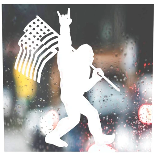 WSQ Sasquatch Bigfoot Rock On American Flag Vinyl Sticker Decal - 5x4 Inches - for Car Truck SUV Van Window Bumper Wall Laptop Tablet Cup Tumbler and Any Smooth Surface