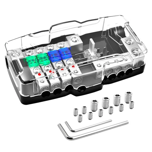 Bolipoeq 12V Fused Power Distribution Block Car Audio 4 Way MIDI (Mini-ANL) Fuse Block with Ground, 0/2/4 Gauge in 4/6/8 Gauge Out Distribution Block for Automotive Car Marine Boat Solar Panel