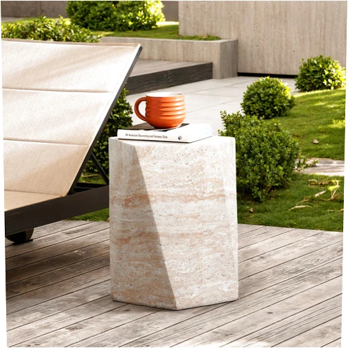 LuxenHöme LuxenHome Outdoor Accent Side Table, 18'' Travertine-Style Irregular Textured Cement Patio End Table, Outdoor Coffee Furniture for Backyard Balcony, Modern Garden Stool for Outside