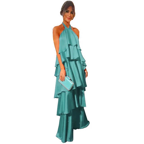 CLcaojun Women's Satin Floor Length Evening Dresses Tiered Women Halter Backless Formal Occasion Prom Dress