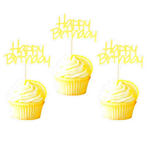 Arthsdite 24pcs Happy Birthday Cupcake Toppers Pre-Assembled Gold Glitter Cake Food Fruit Picks for Celebrating Birthday Party Decoration Supplies