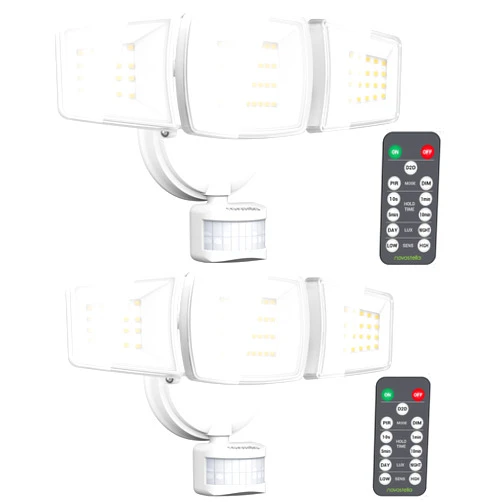 NOVOSTELLA Security Lights Motion Sensor Outdoor, 2Pack LED Flood Lights with Remote, Dusk to Dawn 45W 5000lm 5000K, 3 Heads Wired Wall Adjustable Floodlights, IP65 Waterproof for Garage Yard House