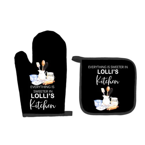 FIicy Lolli Gifts for Grandma Oven Mitts and Pot Holders Sets, Gifts forLolli from Grandkids Kitchen Accessories Sets, Sweeter in Lolli’s Kitchen Heat Resistant Oven Glove Potholders forKitchen