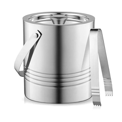 JoyJolt Metal Double Wall Ice Bucket with Lid, Ice Tongs and Strainer. 3L Insulated Ice Bucket for Cocktail Bar, Wine, Home Bar Accessories, Parties, Champagne Bucket. Stainless Steel Ice Buckets