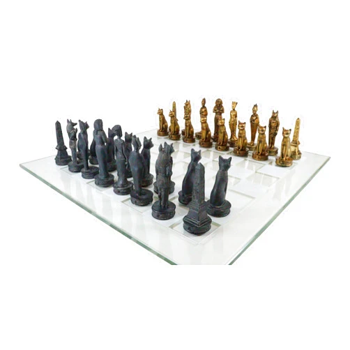 Ebros Gift Ebros Kingdoms at War Legendary Historical Ancient Egyptian Empire Gods Goddesses Monuments Chess Set Resin Chess Pieces in Gold and Grey and Frosted Glass Checkered Board