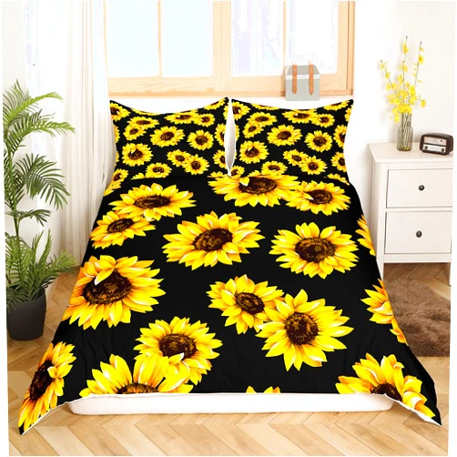 Erosebridal 3D floral Comforter Cover Twin Size for Kids Women Yellow Flowers Bedding Set Sunflower Pattern Decor Duvet Cover Botanical Floral Print on Black Quilt Cover Garden Bloom Bedding with pillowcase