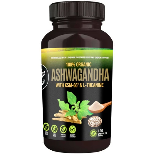 SUPREME HERBALS Organic Ashwagandha Capsules 500 mg with KSM-66® & L-Theanine, 120 Veggie Capsules – Non-GMO, Gluten-Free, Soy-Free – Withania Somnifera Herbal Supplement